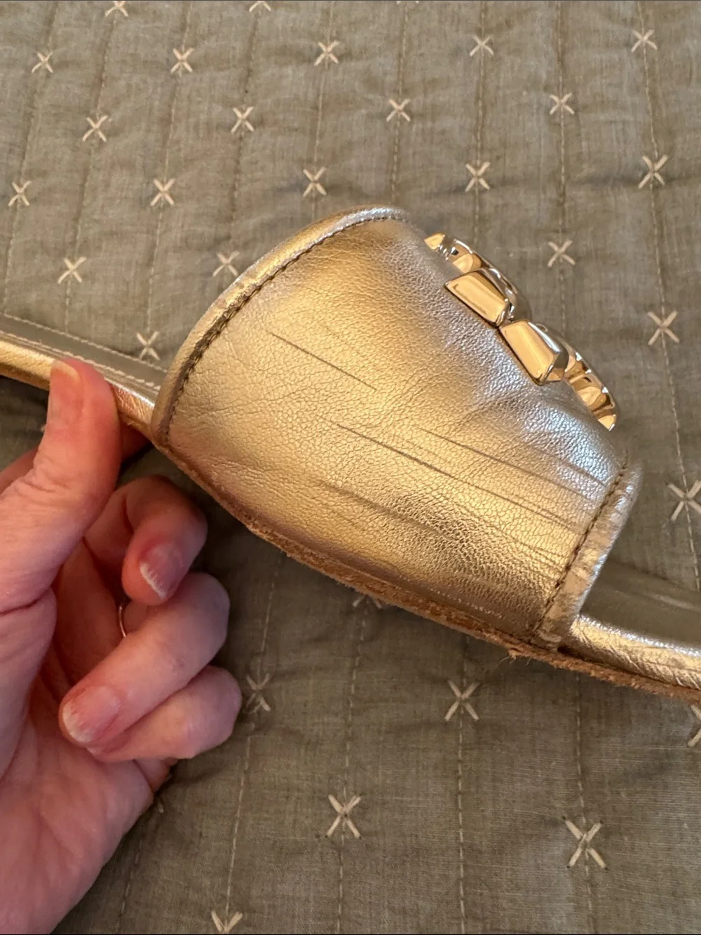 Tory Burch Metallic Gold Logo Slide Sandals